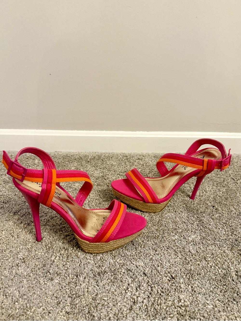 Hot Pink Strappy Platform Stilleto Heels with Orange Accent. Size 7
